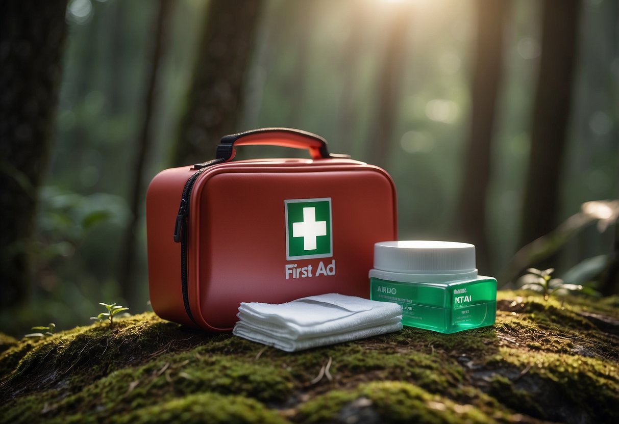 A first aid kit open on the forest floor, bandages, and antiseptic visible. A pair of scissors and tweezers lay nearby, ready for use