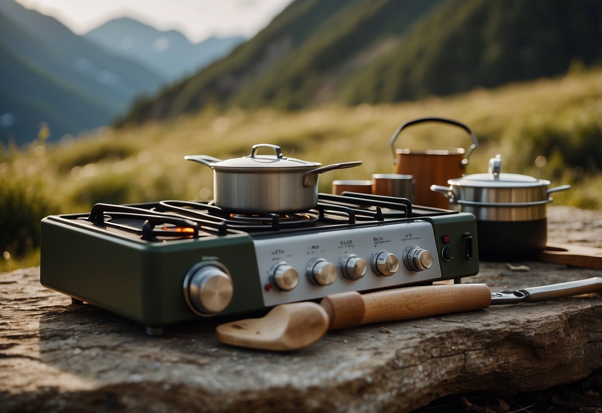 A portable stove sits on a flat surface in the wilderness. A variety of cooking utensils and ingredients are arranged neatly around it. Nearby, a first aid kit and emergency supplies are visible