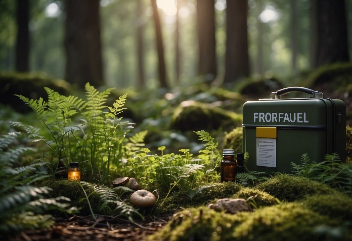 A forest clearing with various edible plants labeled. Nearby, a bushcrafter uses a first aid kit