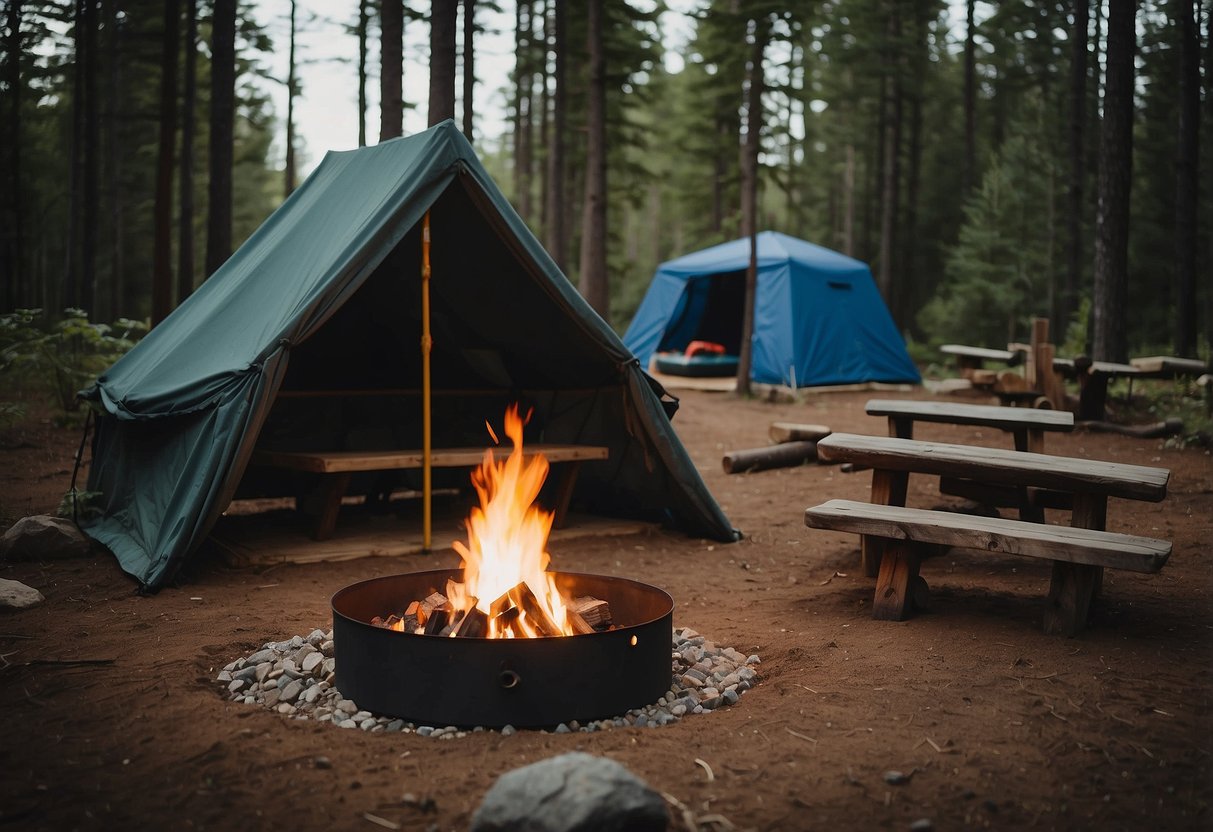 A campsite with a well-built shelter, fire pit, and emergency supplies neatly organized. Surrounding area shows signs of safe and responsible bushcrafting practices