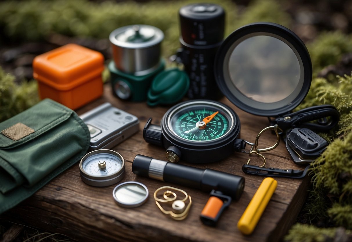 A bushcrafting scene with a compass, map, walkie talkie, signal mirror, whistle, fire starter, first aid kit, multi-tool, flashlight, and emergency shelter