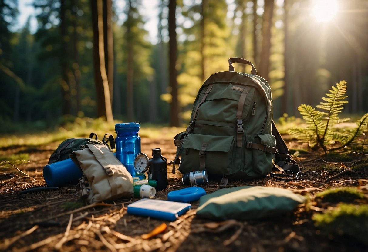 A person's backpack lies open on the forest floor, surrounded by scattered camping gear. A map and compass are visible, along with a water bottle and a first aid kit. The sun is setting behind the trees, casting long shadows across the scene