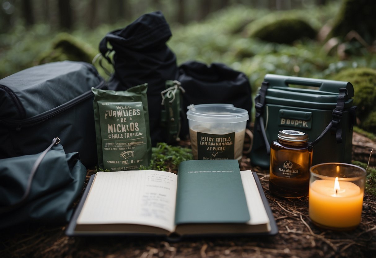 A bushcraft scene with cold packs, camping gear, and a notebook with "7 Tips for Managing Sore Muscles" written on it