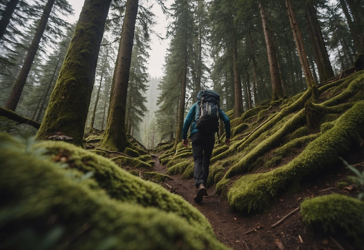 A person in compression clothing hikes through a rugged forest, carrying a backpack. They navigate over fallen trees and rocky terrain, surrounded by dense foliage and towering trees