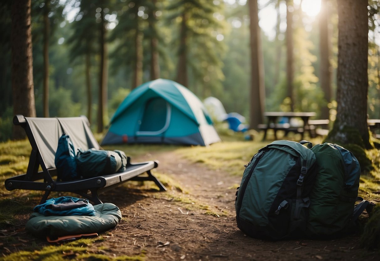 A campsite with a cozy resting area, surrounded by nature. A person's backpack and camping gear are neatly organized nearby. The setting exudes a peaceful and serene atmosphere