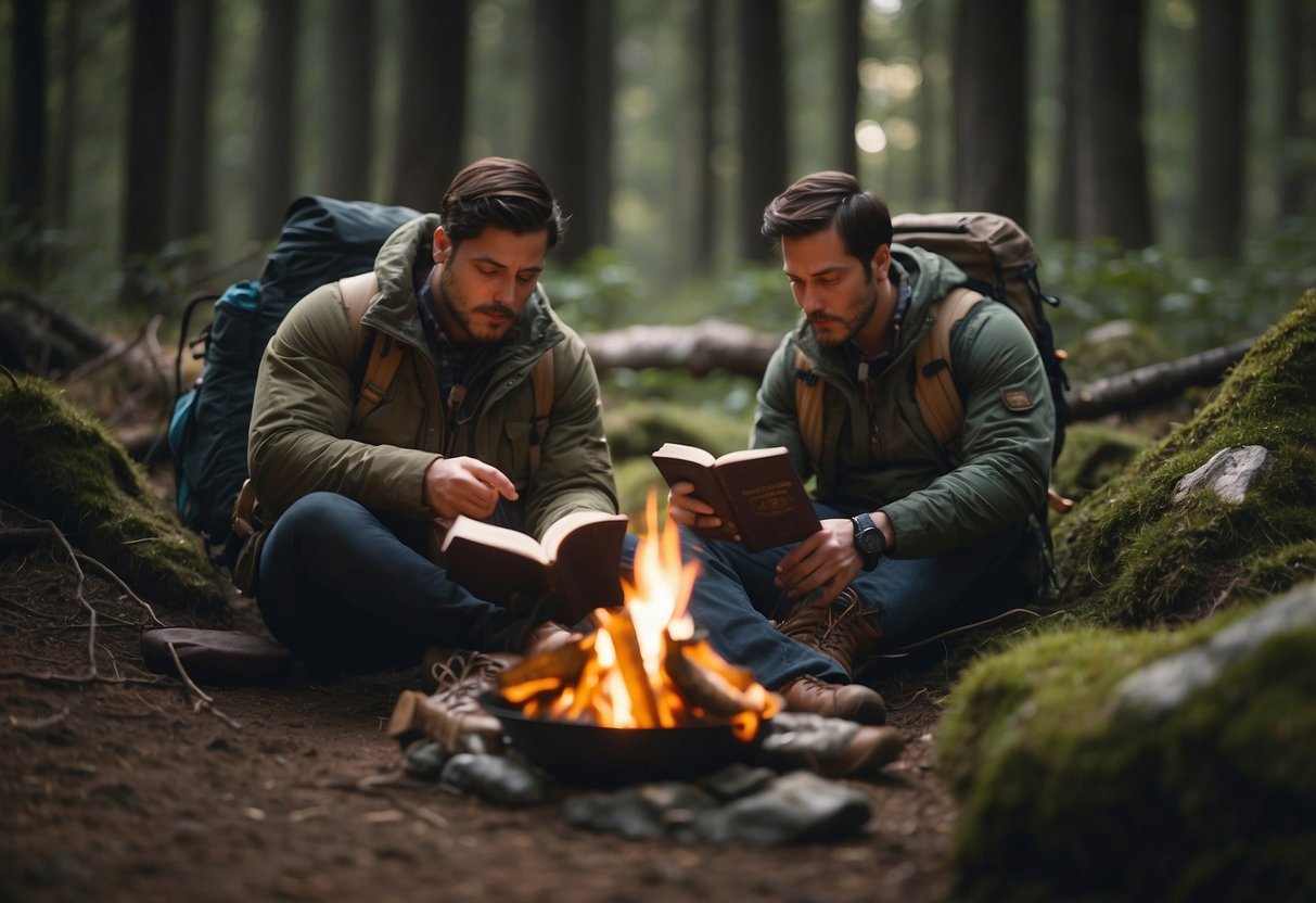 A person sitting by a campfire in the woods, surrounded by hiking gear and a map. They are massaging their sore muscles while reading a book titled "Understanding Muscle Soreness: 7 Tips for Managing Sore Muscles on Bushcraft