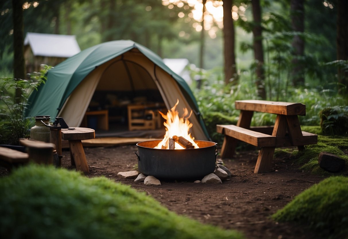 A bushcraft campsite with a fire pit, a sturdy shelter, and various tools and equipment neatly organized. Surrounding the campsite are lush green trees and a serene natural setting