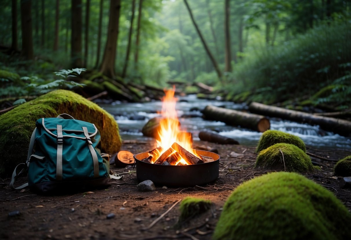 A serene forest clearing with a small campfire surrounded by logs. A backpack and hiking gear are neatly arranged nearby. In the background, a tranquil stream flows through the lush greenery