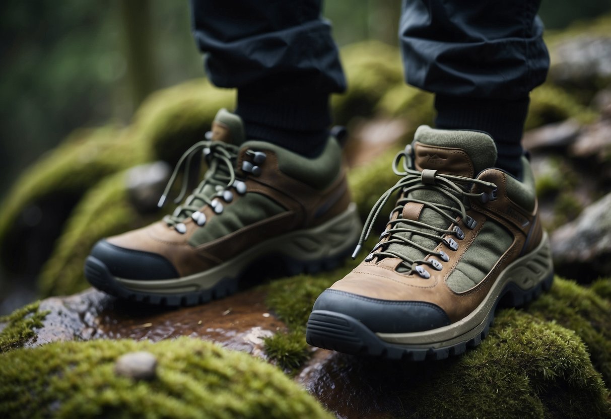 A rugged pair of bushcraft shoes stands on rocky terrain, surrounded by moss and small shrubs. The shoes are sturdy and well-worn, showing signs of use in the challenging environment