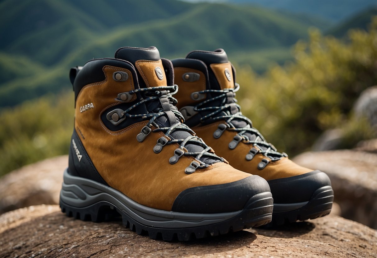 A pair of Scarpa Zodiac Plus GTX shoes stands on rocky terrain, surrounded by dense bushes and rugged landscape