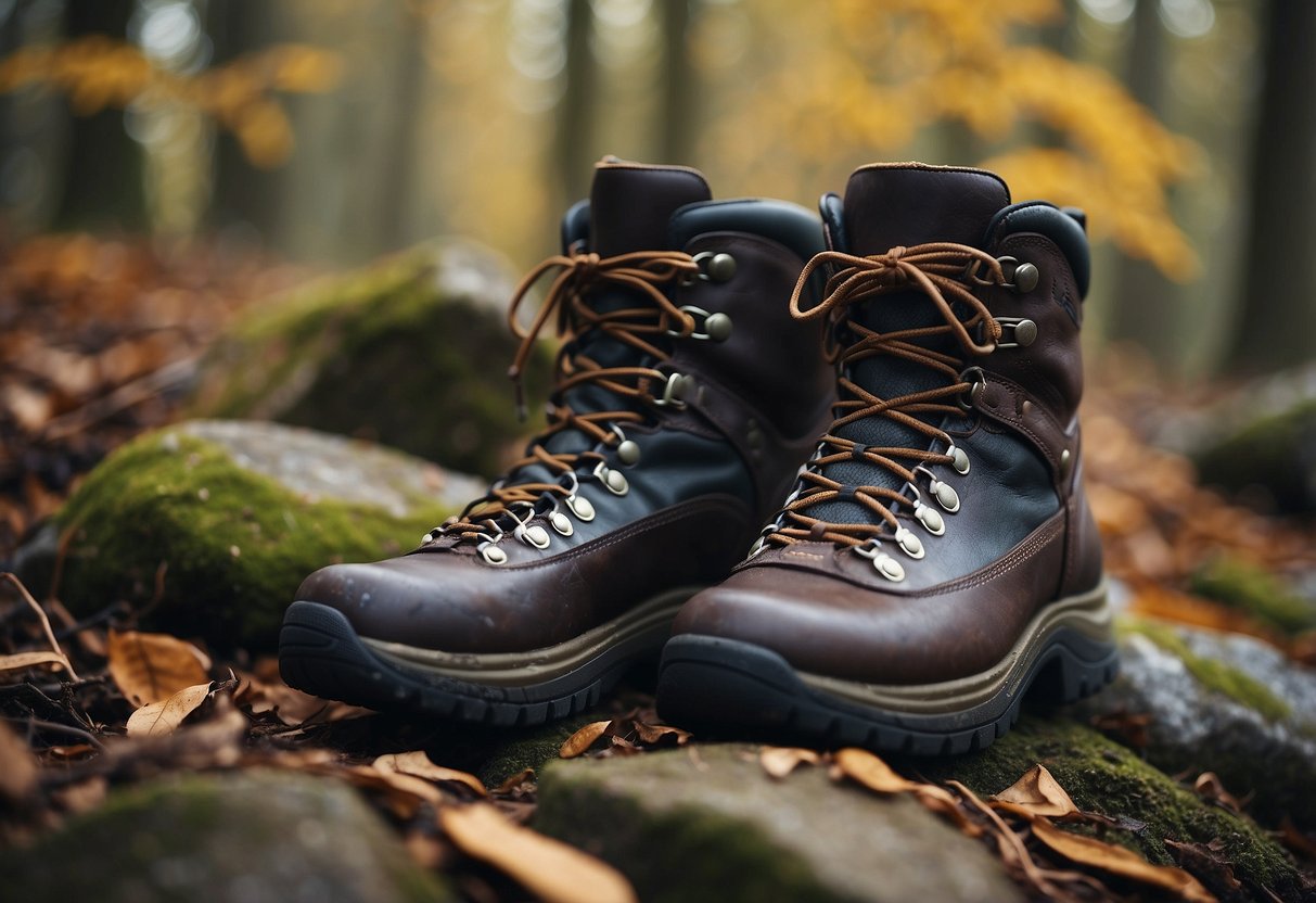 A rugged pair of hiking boots stands atop a rocky terrain, surrounded by scattered twigs and leaves. The boots are made of durable, weather-resistant material, ready for any outdoor adventure