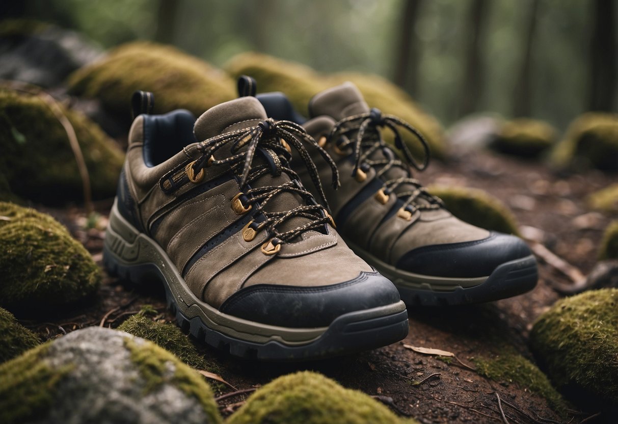 A pair of sturdy, rugged bushcraft shoes on a rocky terrain, surrounded by scattered branches and rocks. The shoes show signs of wear and tear, indicating frequent use in challenging outdoor conditions