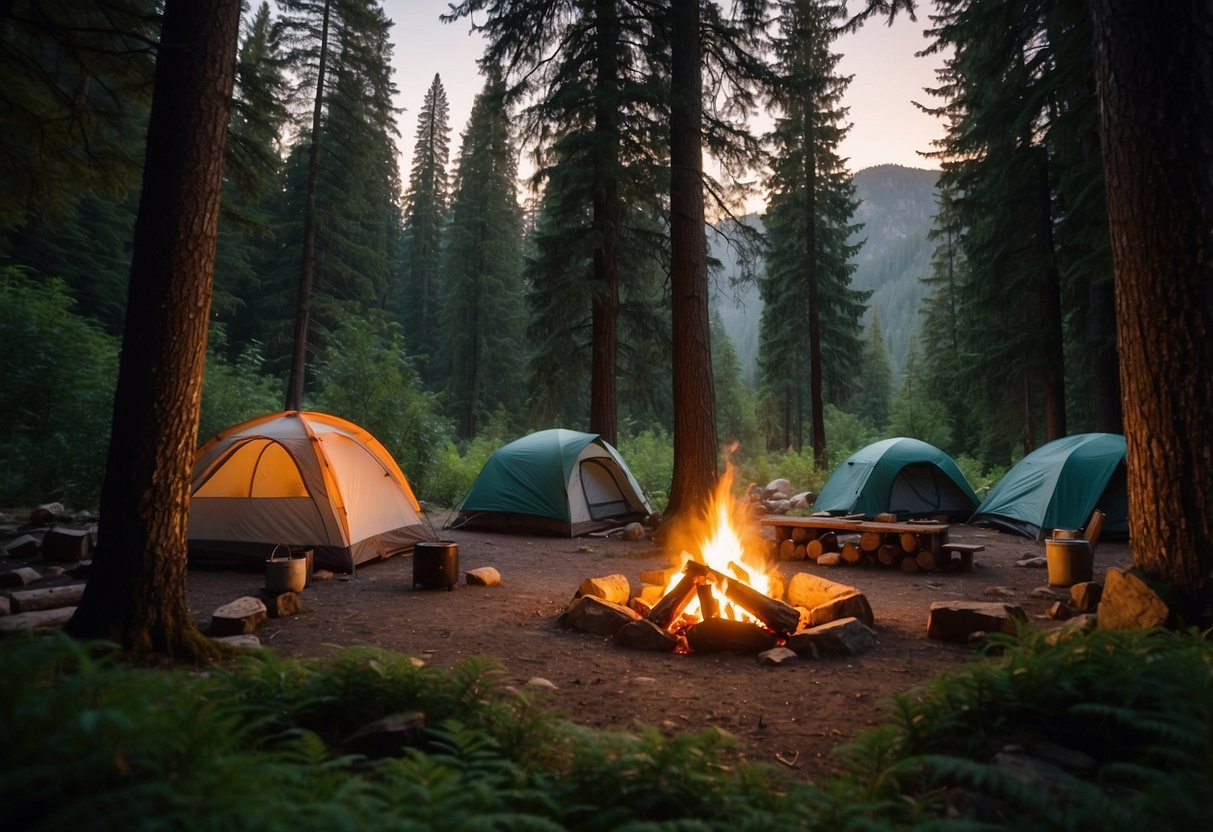 A lush forest with towering trees, clear streams, and rugged mountains in the background. A campfire burns in the center, surrounded by tents and outdoor gear