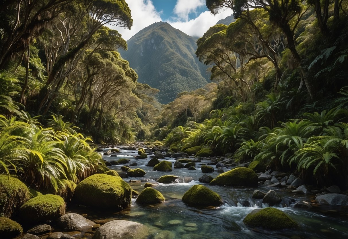 Lush green forest with native flora, clear streams, and towering mountains in Rakiura National Park, New Zealand