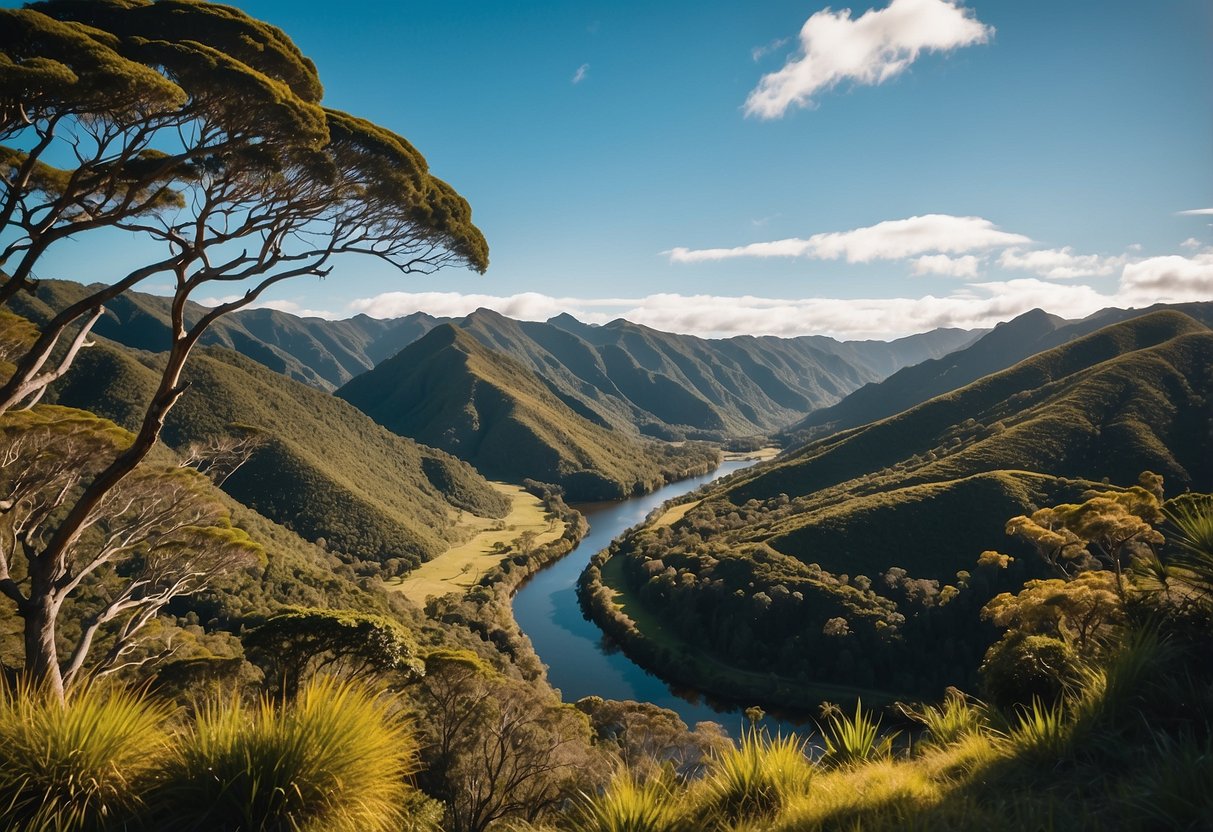 Lush native bush, towering trees, winding rivers, and rugged terrain make up the picturesque landscape of Whanganui National Park in New Zealand