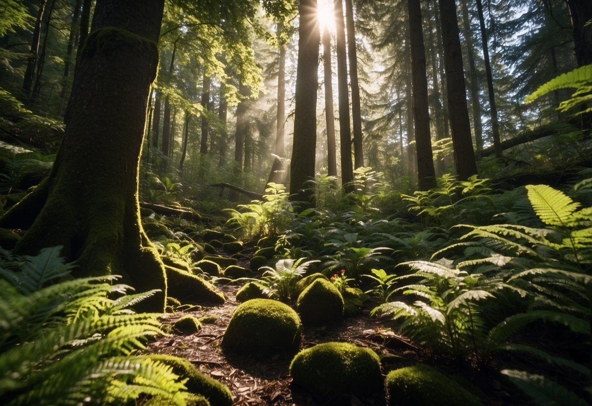 Lush forest with clear streams, towering mountains, and diverse wildlife. Sunlight filters through the canopy, creating dappled patterns on the forest floor