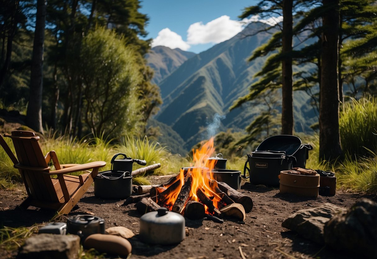 A campfire surrounded by essential bushcraft gear in a lush New Zealand forest, with a backdrop of towering mountains and a clear blue sky