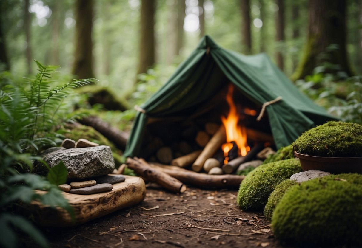 A lush forest with a flowing river, a campfire surrounded by rocks, a handmade shelter, a collection of foraged plants and herbs, a set of basic tools, and a map of the area