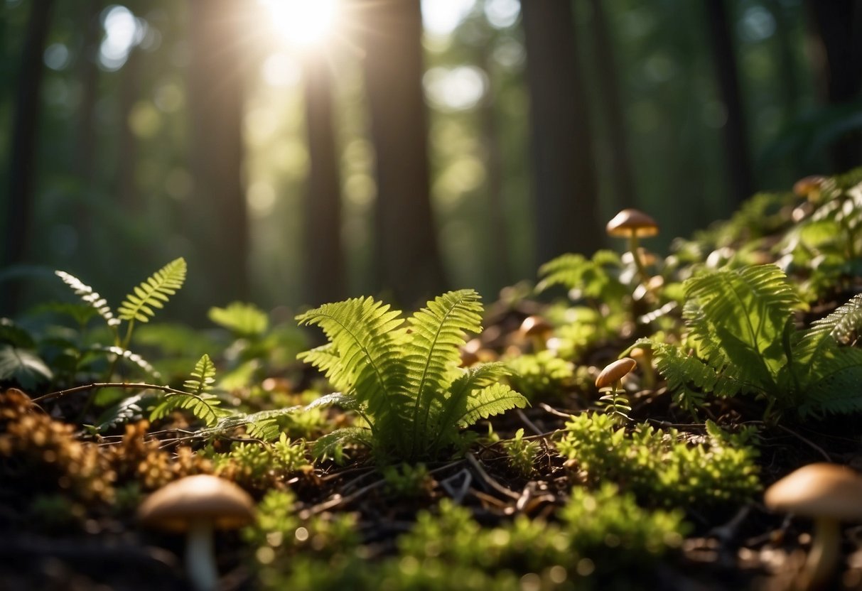 Lush forest floor with various edible plants, mushrooms, and berries. Sunlight filters through dense canopy. Rustling of wildlife in the underbrush