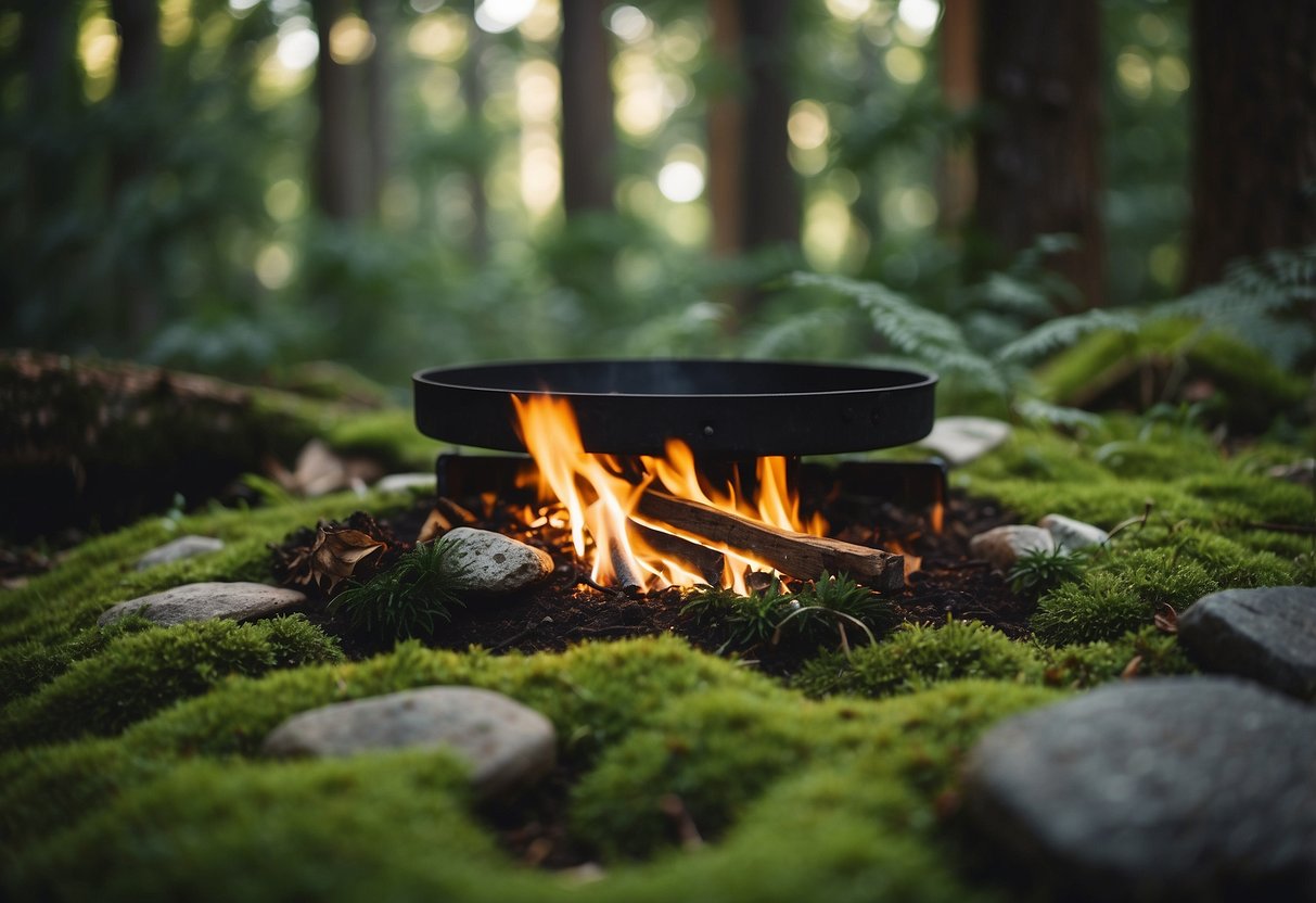 Lush forest floor with animal tracks, scattered debris, and a small fire pit surrounded by rocks. Dense foliage and tall trees in the background