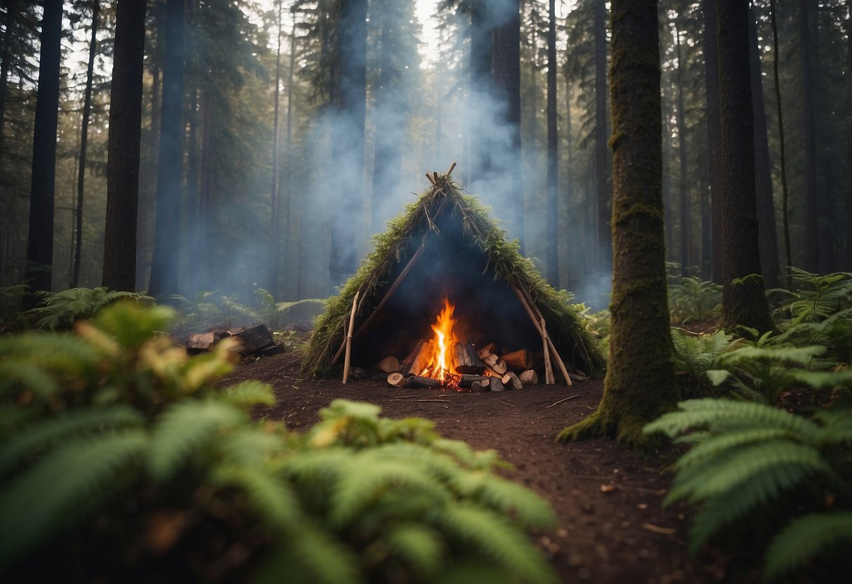 A figure constructs a shelter with natural materials in a dense, remote forest. Smoke rises from a small fire nearby as the figure prepares to cook a meal over the flames