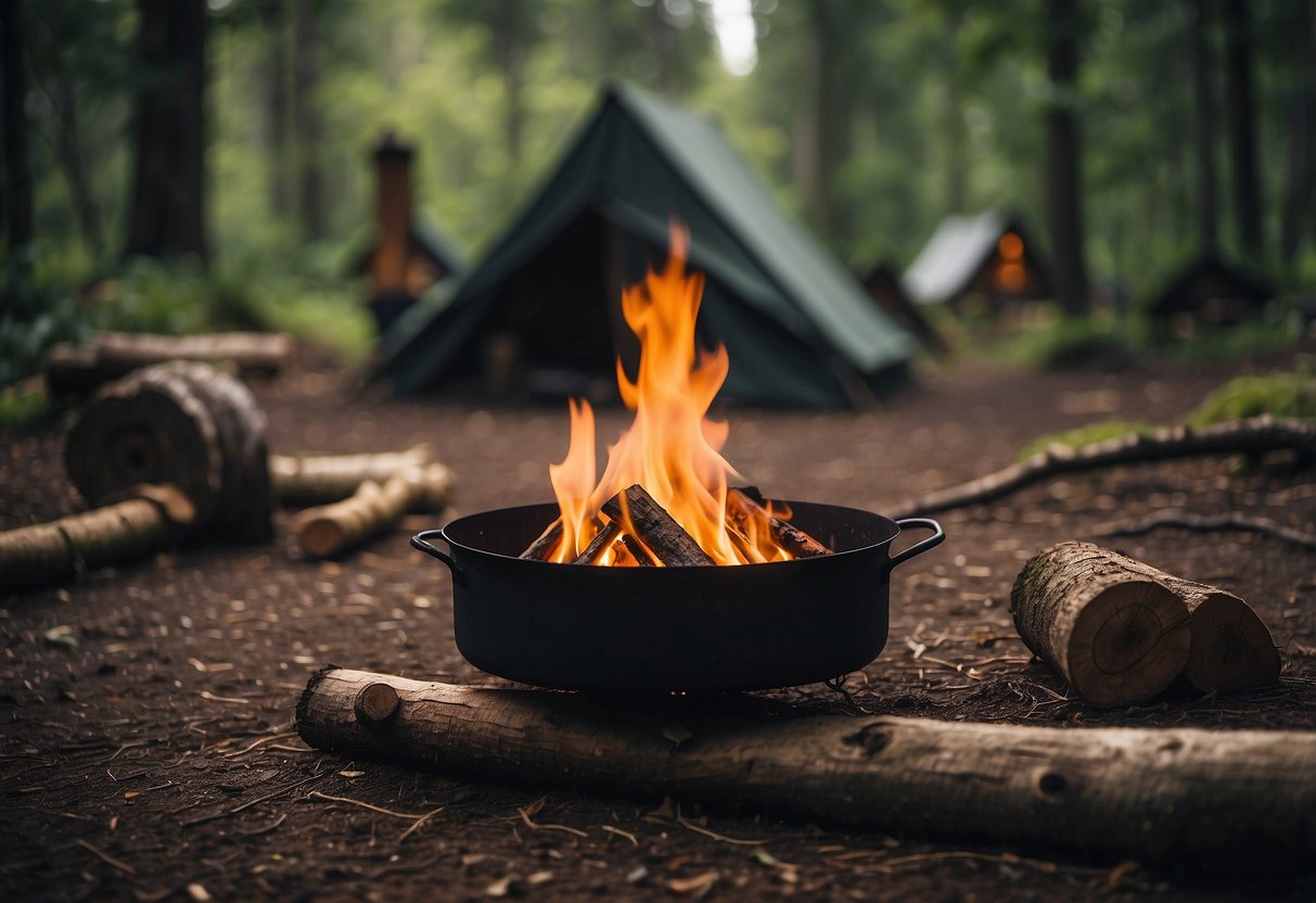 A remote area with a campsite surrounded by dense forest, a fire pit with logs, a shelter made of natural materials, a water source, and tools for bushcraft activities