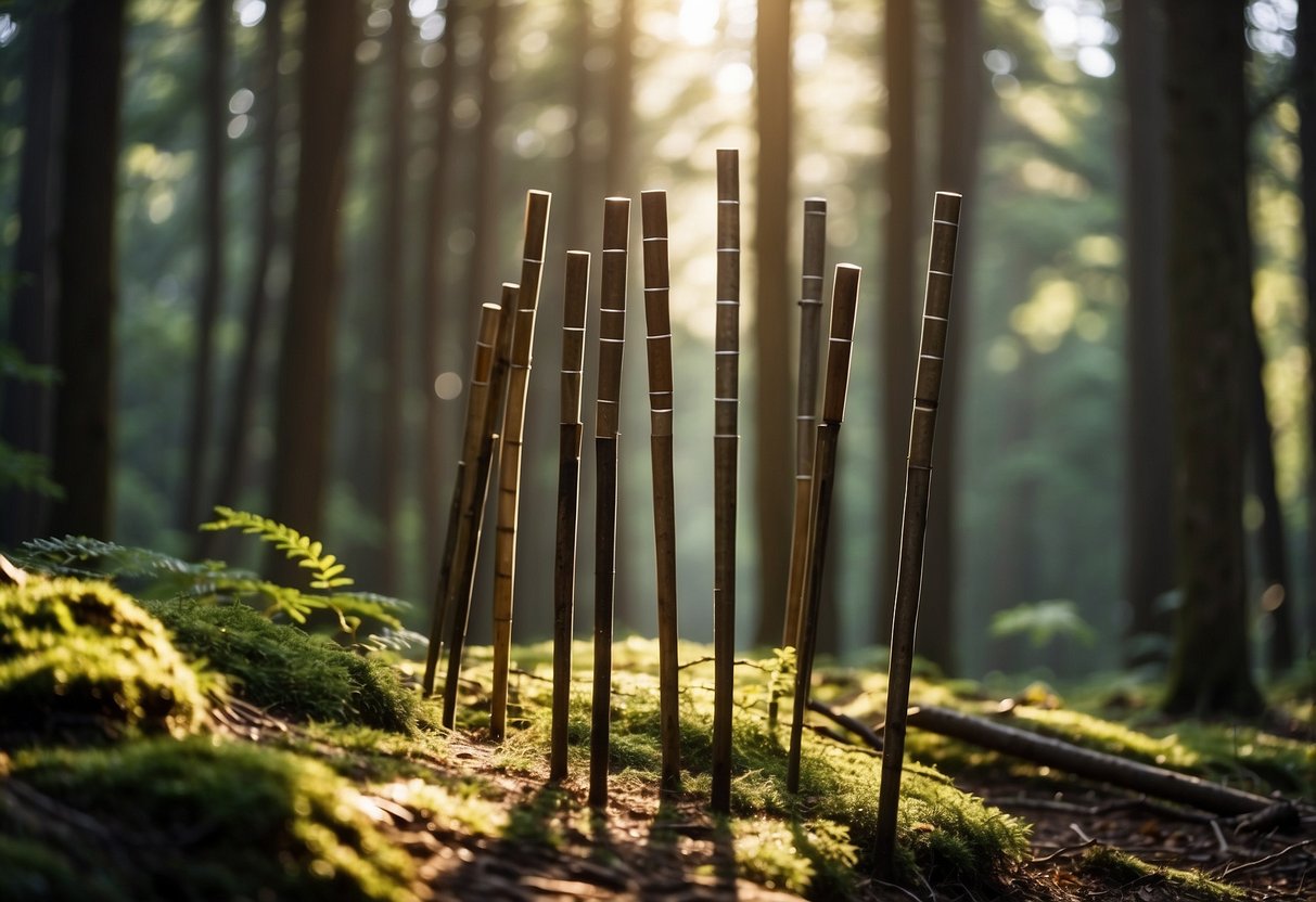 A forest clearing with 5 sturdy, lightweight bushcraft poles arranged in a neat row, surrounded by tall trees and dappled sunlight