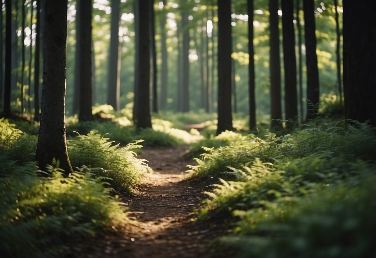 A forest clearing with a trail of lightweight walking sticks leading into the distance, surrounded by trees and bushes