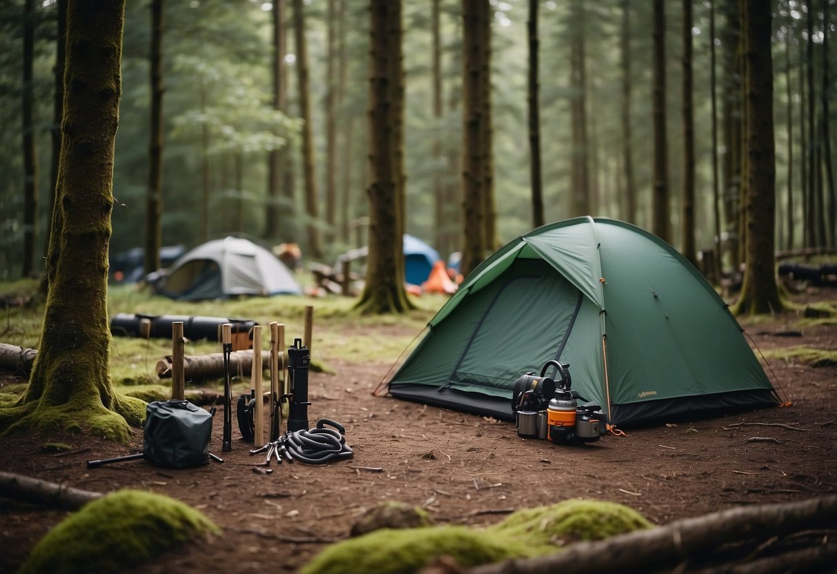 A campsite with 5 lightweight bushcraft poles arranged on the ground, surrounded by various materials such as rope, tarps, and tools