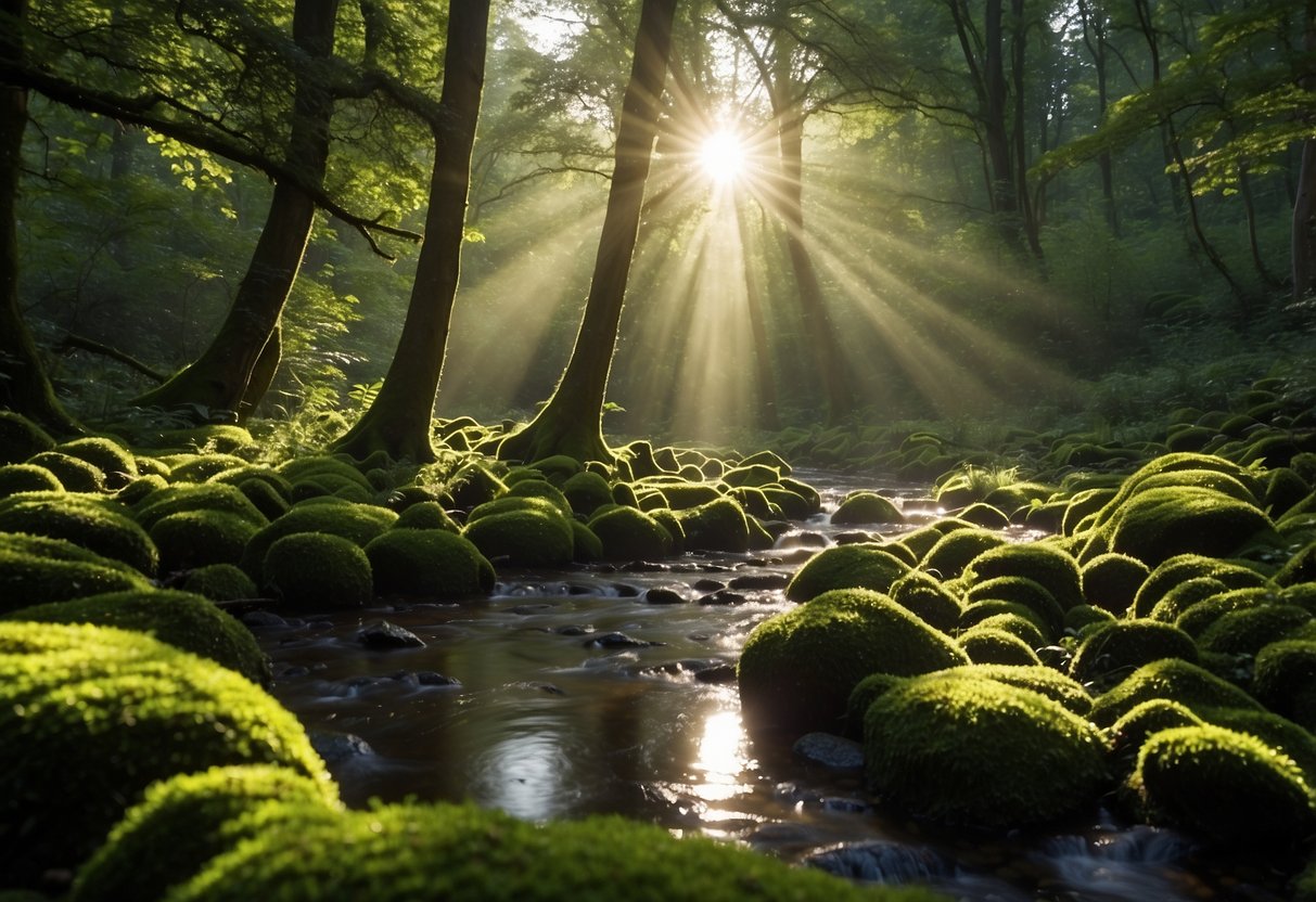 Sunlight filters through the dense canopy, illuminating a small clearing. A bubbling stream winds its way through the forest, surrounded by vibrant green foliage and the sounds of chirping birds. The earthy scent of damp soil and moss fills the air