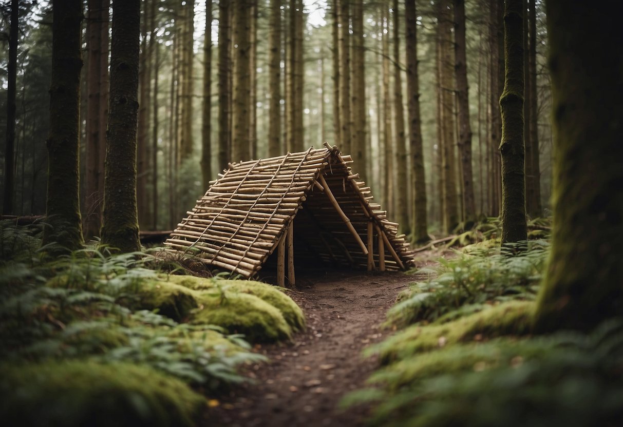 A shelter is being built using natural materials in a forest setting. Various techniques are being used to connect with nature while bushcrafting