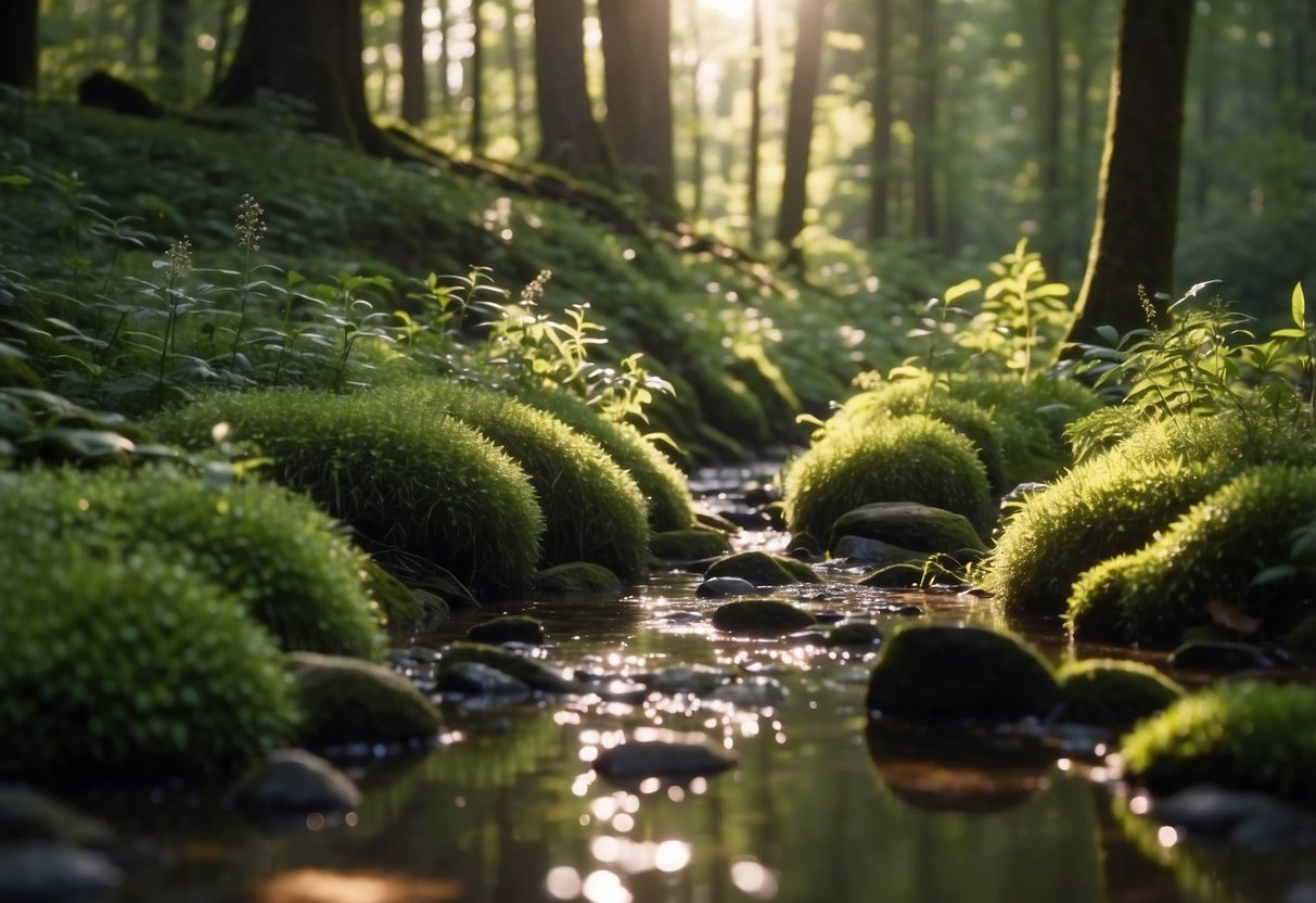 Lush forest floor, dappled sunlight, various wild herbs scattered. A small stream trickles nearby, birds chirping in the distance