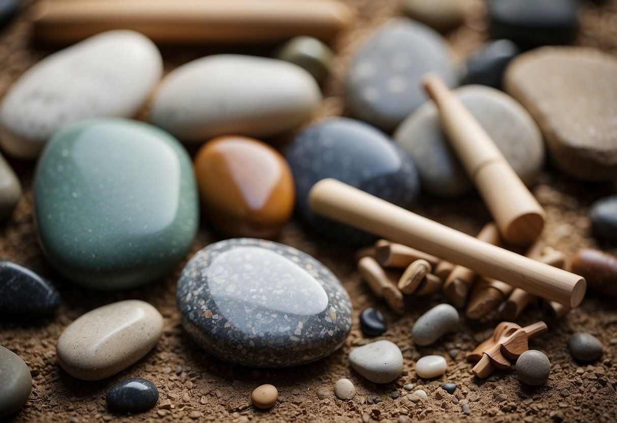 A collection of stones arranged on the ground, surrounded by various handmade craft tools. The tools are made from natural materials and show signs of wear and use, indicating a deep connection with nature