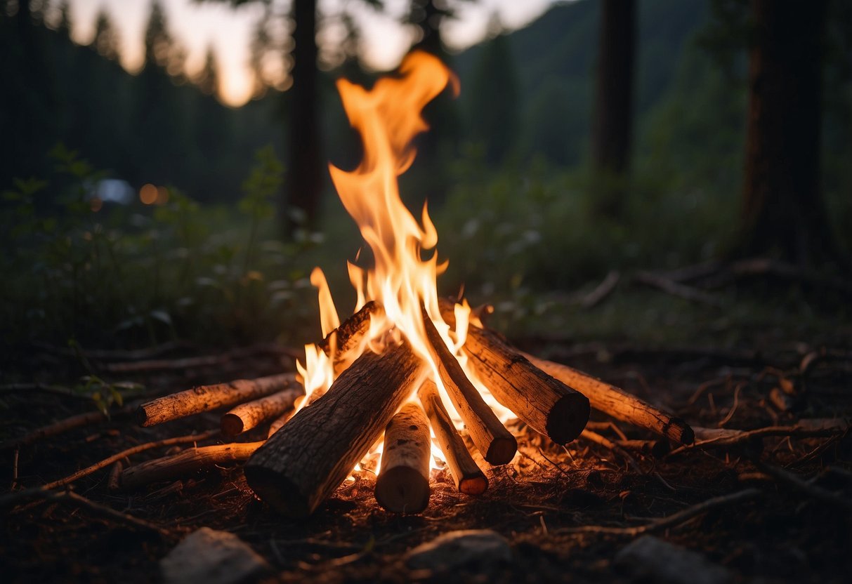 Various methods of fire starting lay on a forest floor surrounded by natural materials. A small campfire burns in the background, with the sun setting behind the trees