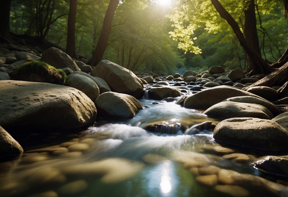 Clear stream flows over rocks, sunlight dapples the surface. A makeshift filter made of leaves and sand purifies the water. Surrounding trees provide shade and shelter