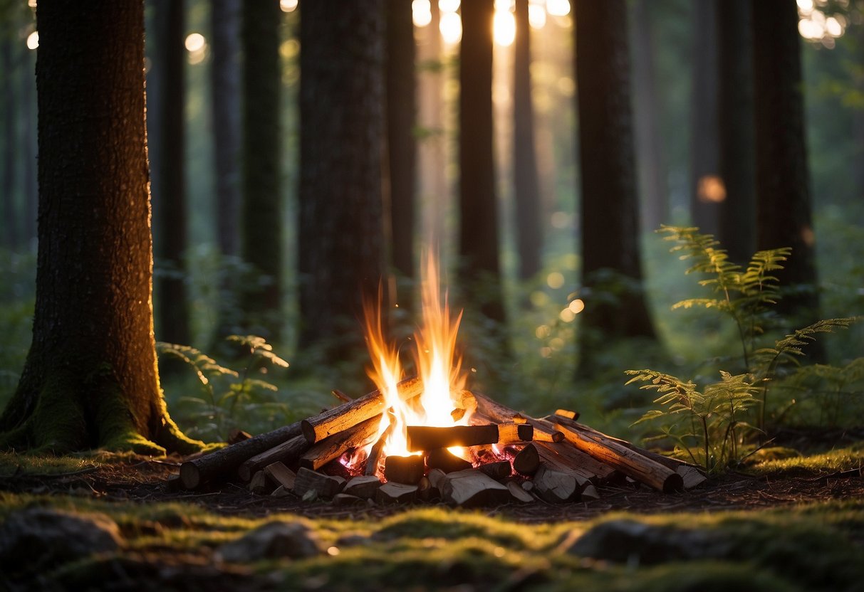 A campfire crackles in the center of a forest clearing. A handmade shelter stands nearby, surrounded by tools and natural materials. The sun filters through the trees, casting dappled light on the scene