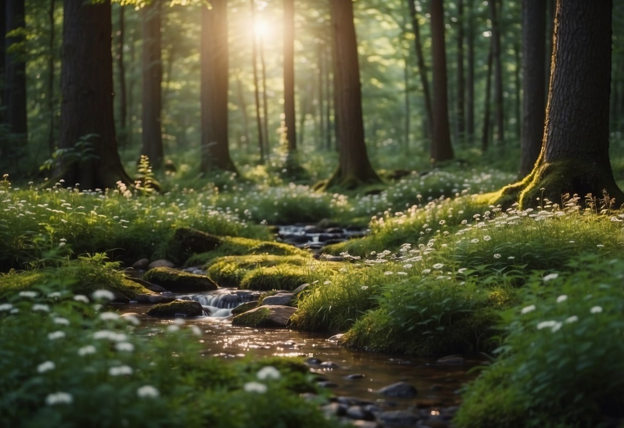 Lush forest floor with vibrant wildflowers, towering trees, and diverse wildlife. A bubbling stream winds through the landscape, surrounded by chirping birds and rustling leaves