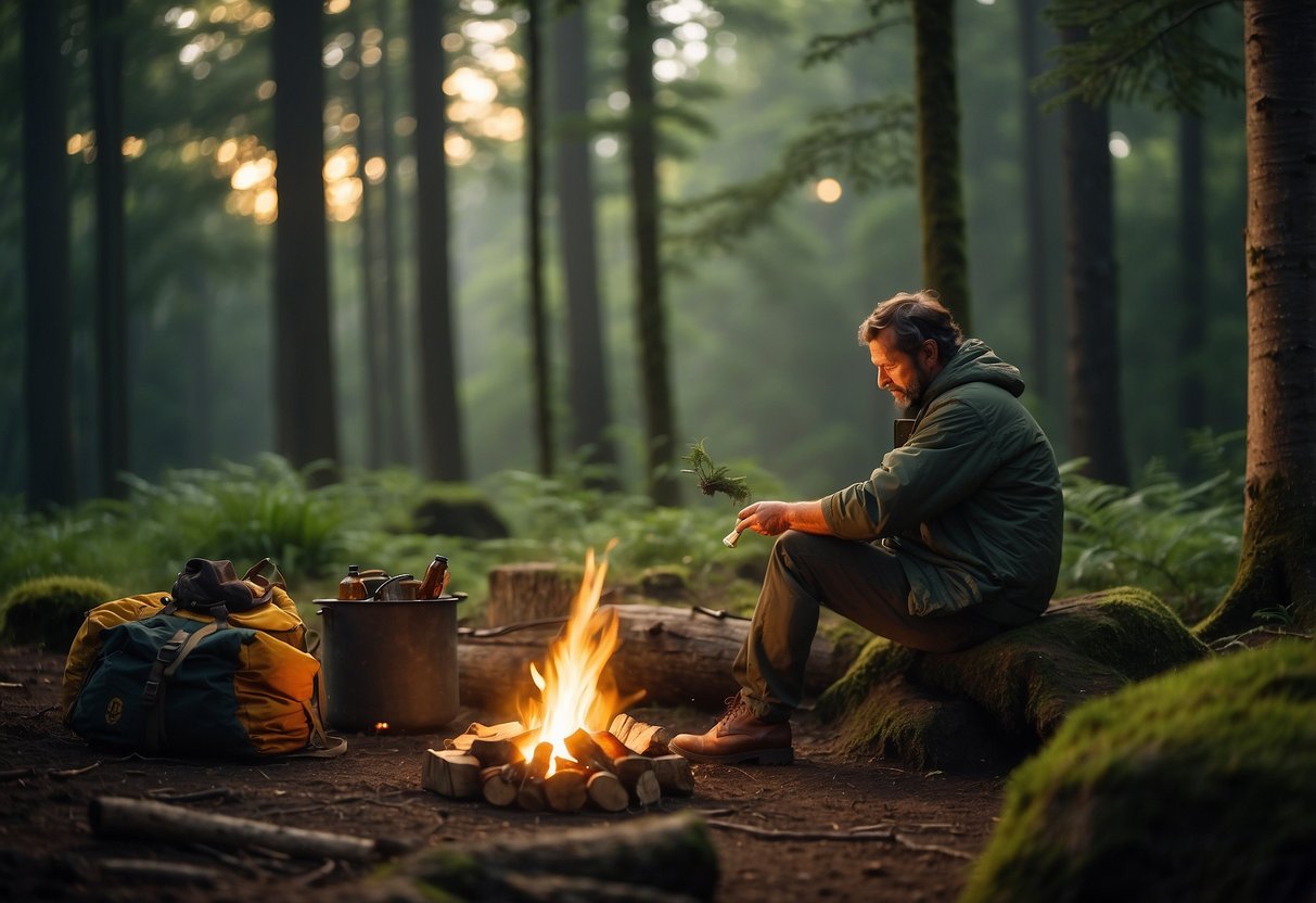 In a forest clearing, a bushcrafter sits by a campfire, surrounded by trees and wildlife. Insects buzz around, but the bushcrafter uses natural repellents and protective clothing to deter them