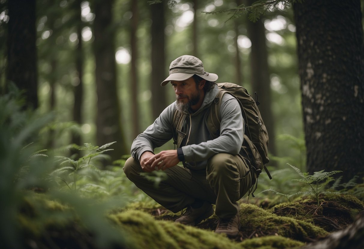 A person wearing insect-repellent clothing while bushcrafting, surrounded by trees and insects