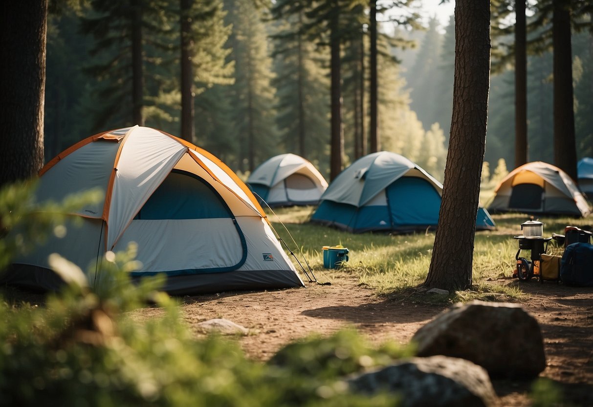 A campsite with tents and gear placed away from water sources. Insects buzzing around, with bug repellent and netting visible