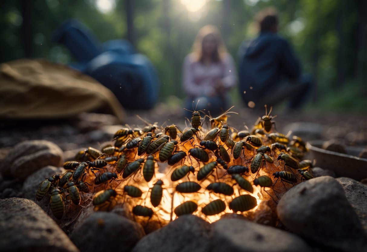 Insects swarm around a campfire, drawn to the light and warmth. A person's backpack sits nearby, with open containers of food attracting the bugs