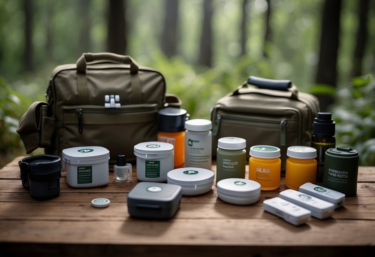 A bushcraft scene with 5 compact first aid kits displayed on a wooden table, surrounded by outdoor gear and foliage