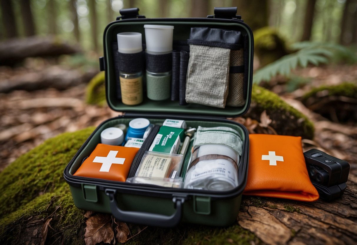 A small first aid kit sits open on a forest floor, surrounded by bushcraft gear. The kit is compact and lightweight, with various medical supplies neatly organized inside