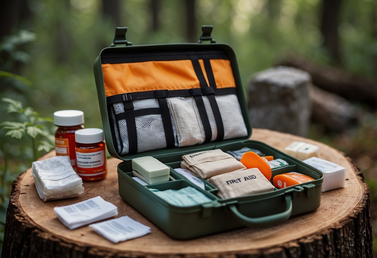 A compact first aid kit with 163 pieces, including bandages, scissors, and medications, displayed against a natural bushcraft backdrop