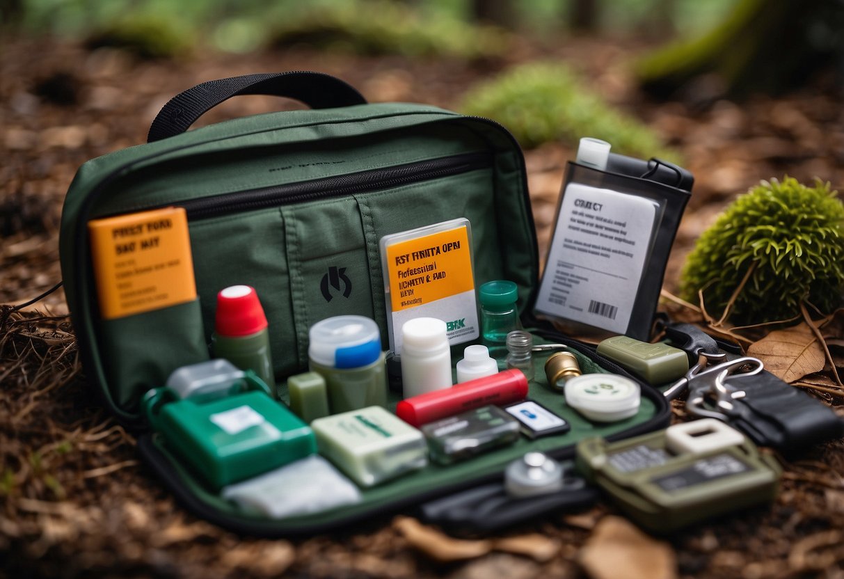 A compact first aid kit open on a forest floor, surrounded by bushcraft tools and gear. 85 pieces laid out neatly, with a focus on lightweight design