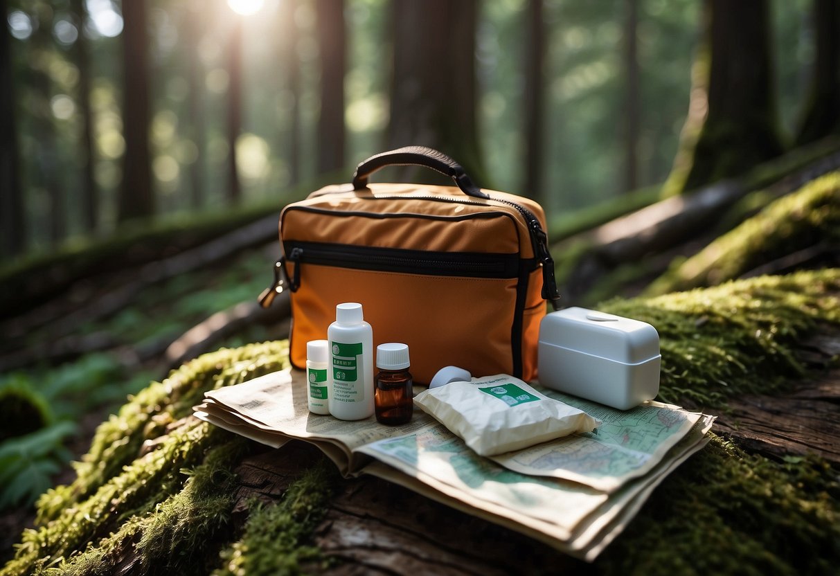 A compact first aid kit rests on a mossy log in a forest clearing, surrounded by hiking gear and a map. The sun filters through the trees, casting dappled light on the scene