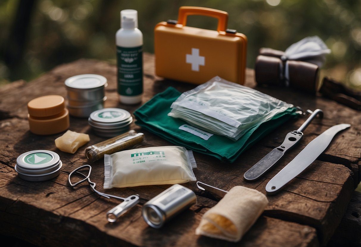 A bushcraft first aid kit laid out with bandages, antiseptic wipes, scissors, and a compact medical guide