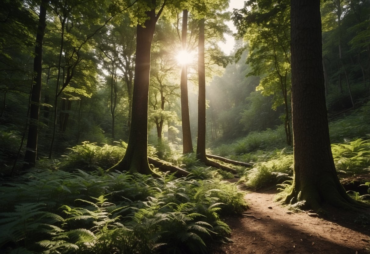 Lush forest with towering trees, clear streams, and diverse wildlife. Sunlight filters through the canopy, creating dappled patterns on the forest floor. Rocky outcrops and rolling hills provide picturesque views