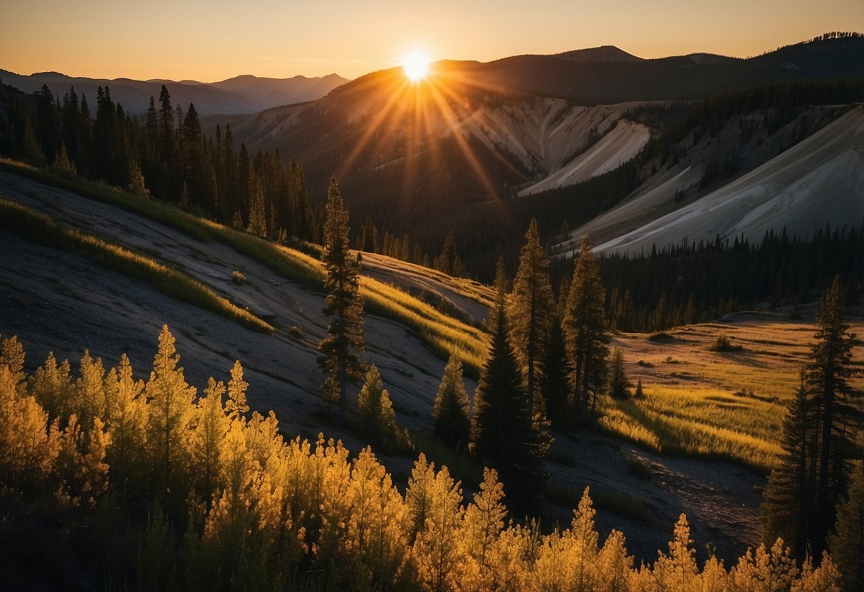 The sun sets over the rugged landscape of Yellowstone National Park, casting a golden glow on the towering mountains and lush forests. The tranquil beauty of the wilderness is evident in every detail