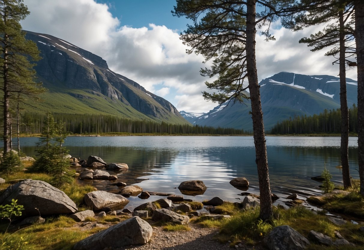 Lush pine forests, crystal-clear lakes, and rugged mountains in Sarek National Park, Sweden. Perfect for a bushcraft illustration